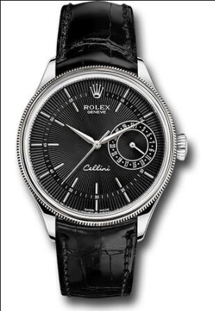 Replica Rolex Cellini Date Watch 50519 White Gold Black Dial Black Leather Strap